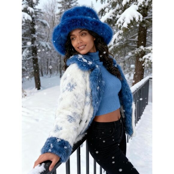 Women\'s Royal Blue Oversized Winter Long Pile Fur Wide Moldable Brim Warmer Cap main image 5